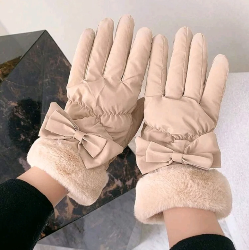 Elegant Brown Fleece Lined Waterproof Winter Gloves, Bow Detail + Touchscreen